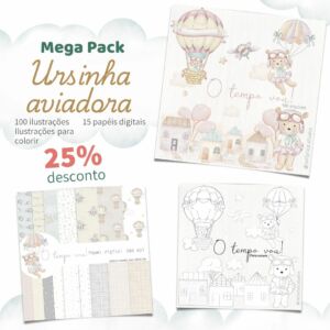 Kit colorir ursinha aviadora, papéis digitais e ilustrações