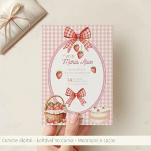 Convite de Aniversário - Morangos e Laços